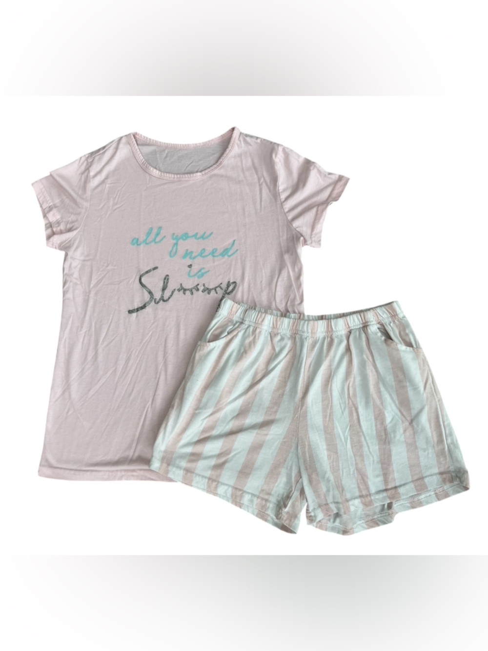 Kids Light Pink Short Sleeve Pajama Set with Stripe Shorts, Size Youth 16